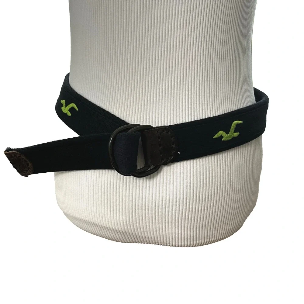 Men’s Hollister D-Ring Belt Navy Blue Neon Green Seagull Logo Coastal Surf 44”